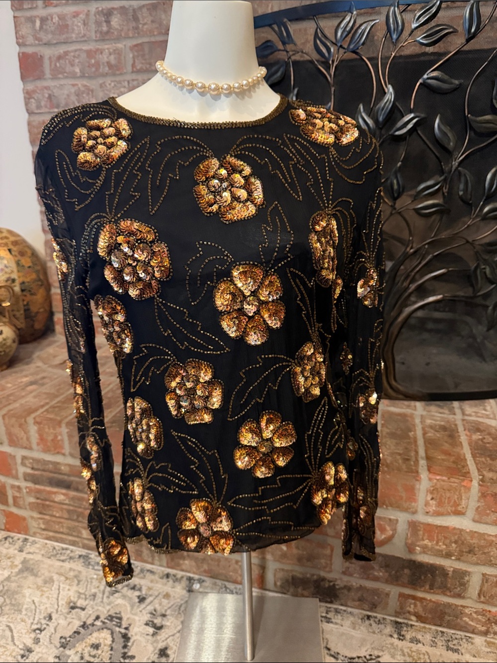 Sténay Vintage Size M Black Bronze Sequin Beaded Floral Evening Blouse